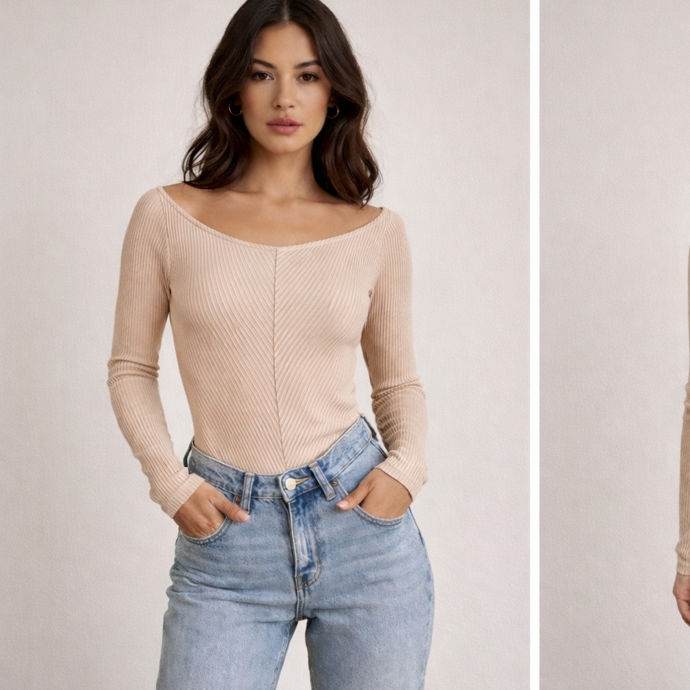 Le Lis Beige White Ribbed Knit Long Sleeve Bodysuit